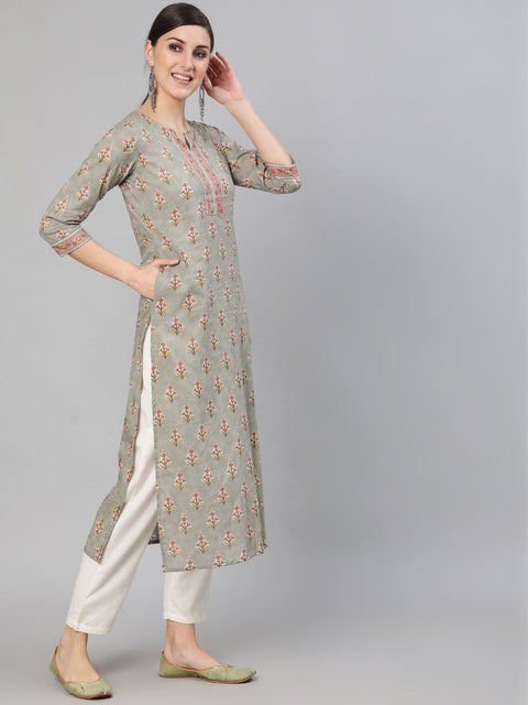 Women Grey Floral Printed  Straight Kurta With Three Quarter Sleeves