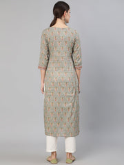 Women Grey Floral Printed  Straight Kurta With Three Quarter Sleeves