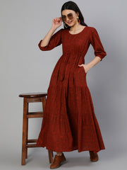 Women Maroon Printed Tiered Dress With Three Quarter Sleeves