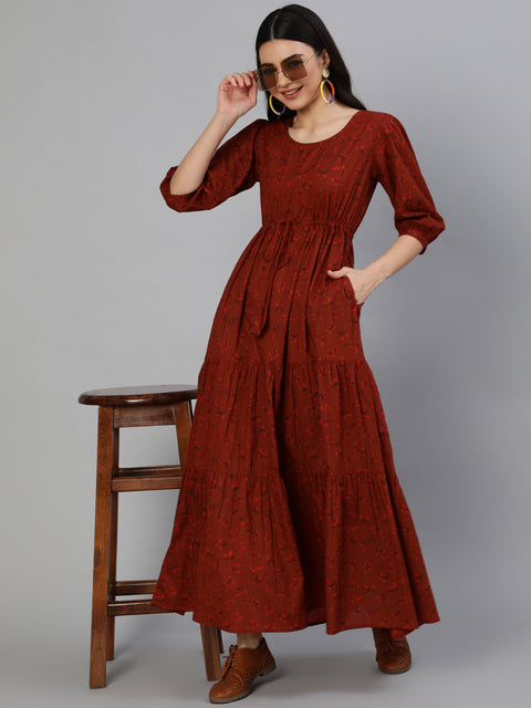 Women Maroon Printed Tiered Dress With Three Quarter Sleeves