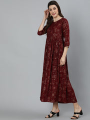 Women Maroon Ethnic Motif Printed Dress With Three Quarter Sleeves