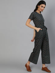 Women Green Printed Jumpsuit With Side pockets