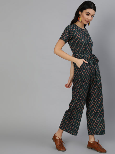Women Green Printed Jumpsuit With Side pockets