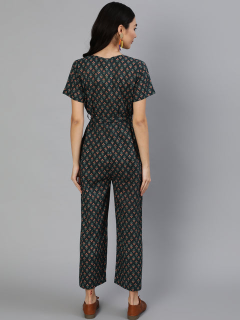 Women Green Printed Jumpsuit With Side pockets