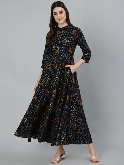 Women Navy Blue Geometric Printed Dress With Three Quarter Sleeves