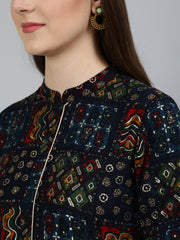 Women Navy Blue Geometric Printed Dress With Three Quarter Sleeves