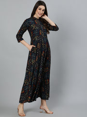 Women Navy Blue Geometric Printed Dress With Three Quarter Sleeves