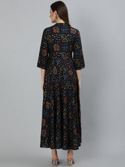 Women Navy Blue Geometric Printed Dress With Three Quarter Sleeves