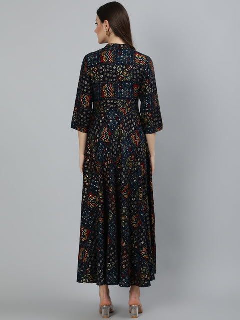Women Navy Blue Geometric Printed Dress With Three Quarter Sleeves