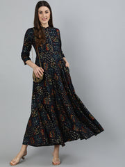 Women Navy Blue Geometric Printed Dress With Three Quarter Sleeves