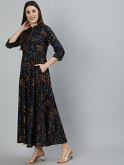 Women Navy Blue Geometric Printed Dress With Three Quarter Sleeves