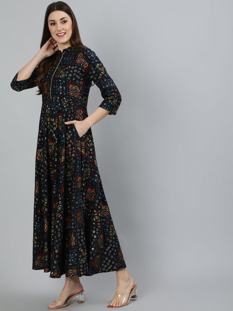 Women Navy Blue Geometric Printed Dress With Three Quarter Sleeves