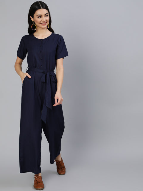 Women Navy Blue Jumpsuit With Side Pockets