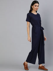 Women Navy Blue Jumpsuit With Side Pockets