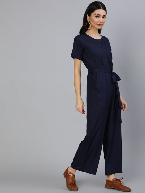Women Navy Blue Jumpsuit With Side Pockets