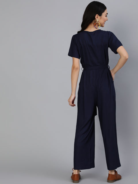 Women Navy Blue Jumpsuit With Side Pockets