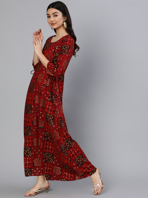 Women Red Printed Dress With Three Quarter Sleeves