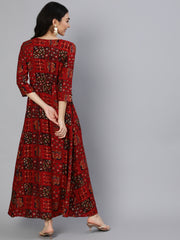 Women Red Printed Dress With Three Quarter Sleeves
