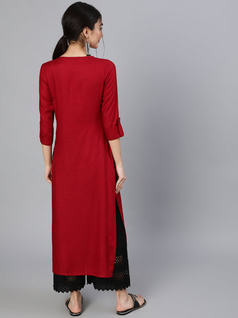 Women Maroon Solid Straight Kurta
