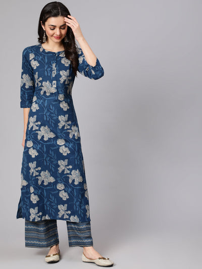 Women Blue Floral Printed Straight Kurta With Three Quarter Sleeves