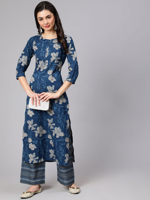 Women Blue Floral Printed Straight Kurta With Three Quarter Sleeves