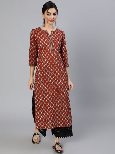 Women Maroon Ethnic Printed Straight Kurta With Three Quarter Sleeves