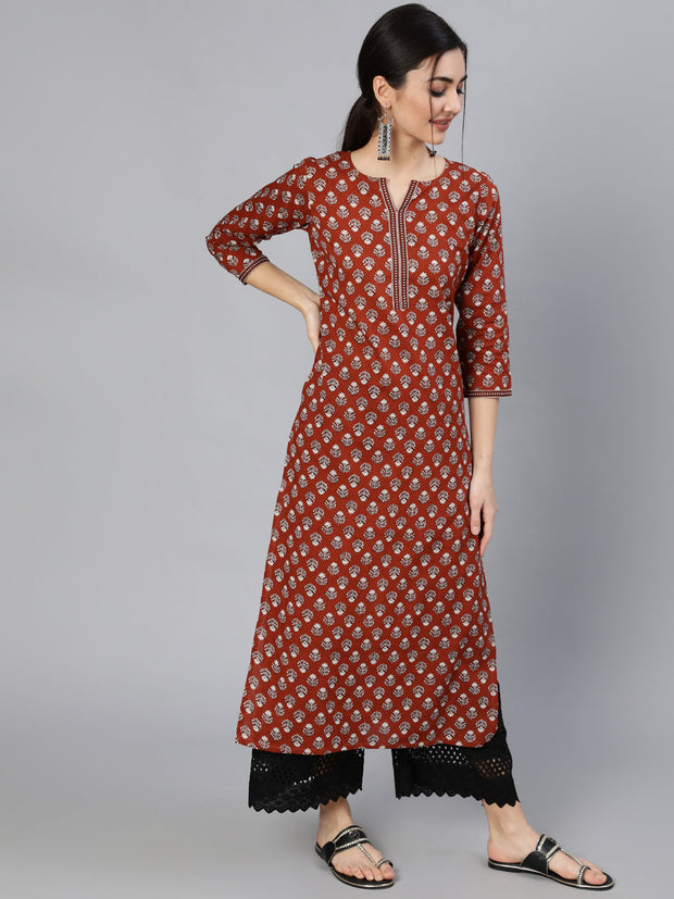 Women Maroon Ethnic Printed Straight Kurta With Three Quarter Sleeves