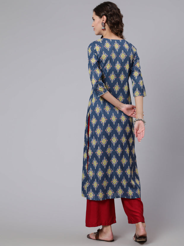 Women Blue Printed straight kurta with three quarter sleeves
