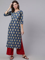 Women Blue Printed straight kurta with three quarter sleeves