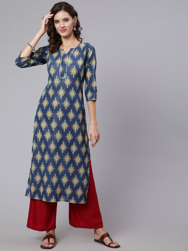 Women Blue Printed straight kurta with three quarter sleeves