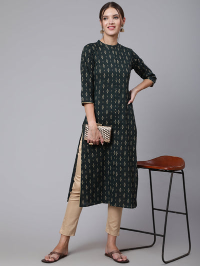 Women Green Printed Straight Kurta With Three Quarter Sleeves