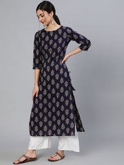 Women Blue Ethnic Motif Printed Straight Kurta With Three Quarter Sleeves