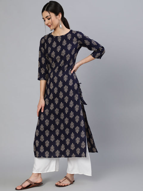Women Blue Ethnic Motif Printed Straight Kurta With Three Quarter Sleeves