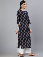 Women Blue Ethnic Motif Printed Straight Kurta With Three Quarter Sleeves