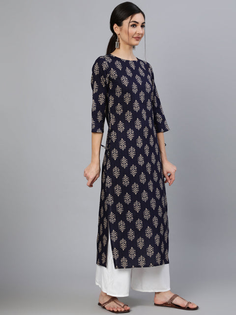 Women Blue Ethnic Motif Printed Straight Kurta With Three Quarter Sleeves