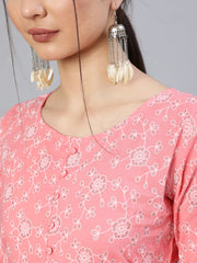 Women Pink Floral Printed Flared Dress With Round Neck