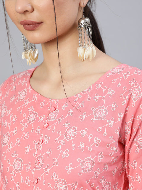 Women Pink Floral Printed Flared Dress With Round Neck