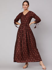 Women Maroon Ethnic Printed Gathered Dress With Three Quarter Sleeves