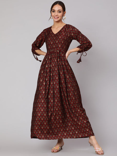 Women Maroon Ethnic Printed Gathered Dress With Three Quarter Sleeves