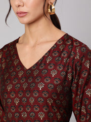 Women Maroon Ethnic Printed Gathered Dress With Three Quarter Sleeves