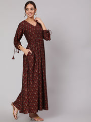 Women Maroon Ethnic Printed Gathered Dress With Three Quarter Sleeves