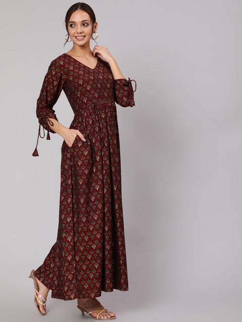 Women Maroon Ethnic Printed Gathered Dress With Three Quarter Sleeves