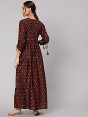 Women Maroon Ethnic Printed Gathered Dress With Three Quarter Sleeves