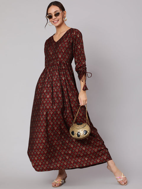 Women Maroon Ethnic Printed Gathered Dress With Three Quarter Sleeves