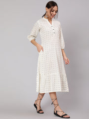 Women White Ethnic Printed Midi Dress With Three Quarter Sleeves
