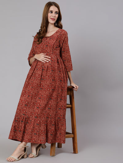 Women Rust Ethnic Printed Maternity Dress With Three Quarter Sleeves
