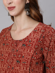 Women Rust Ethnic Printed Maternity Dress With Three Quarter Sleeves