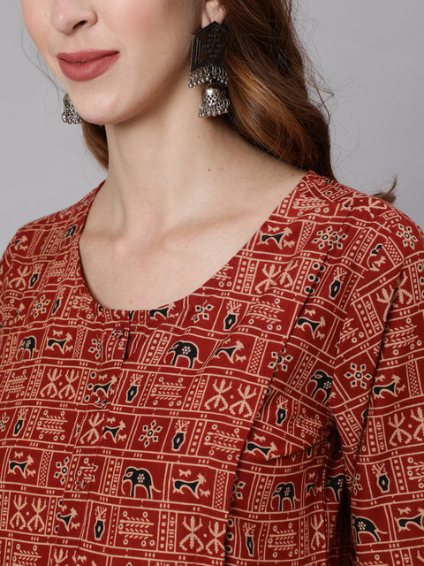 Women Rust Ethnic Printed Maternity Dress With Three Quarter Sleeves