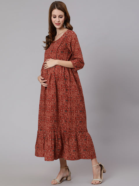 Women Rust Ethnic Printed Maternity Dress With Three Quarter Sleeves