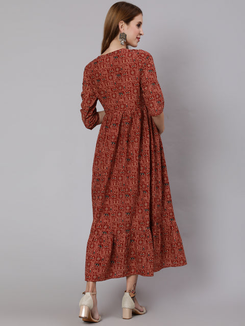 Women Rust Ethnic Printed Maternity Dress With Three Quarter Sleeves